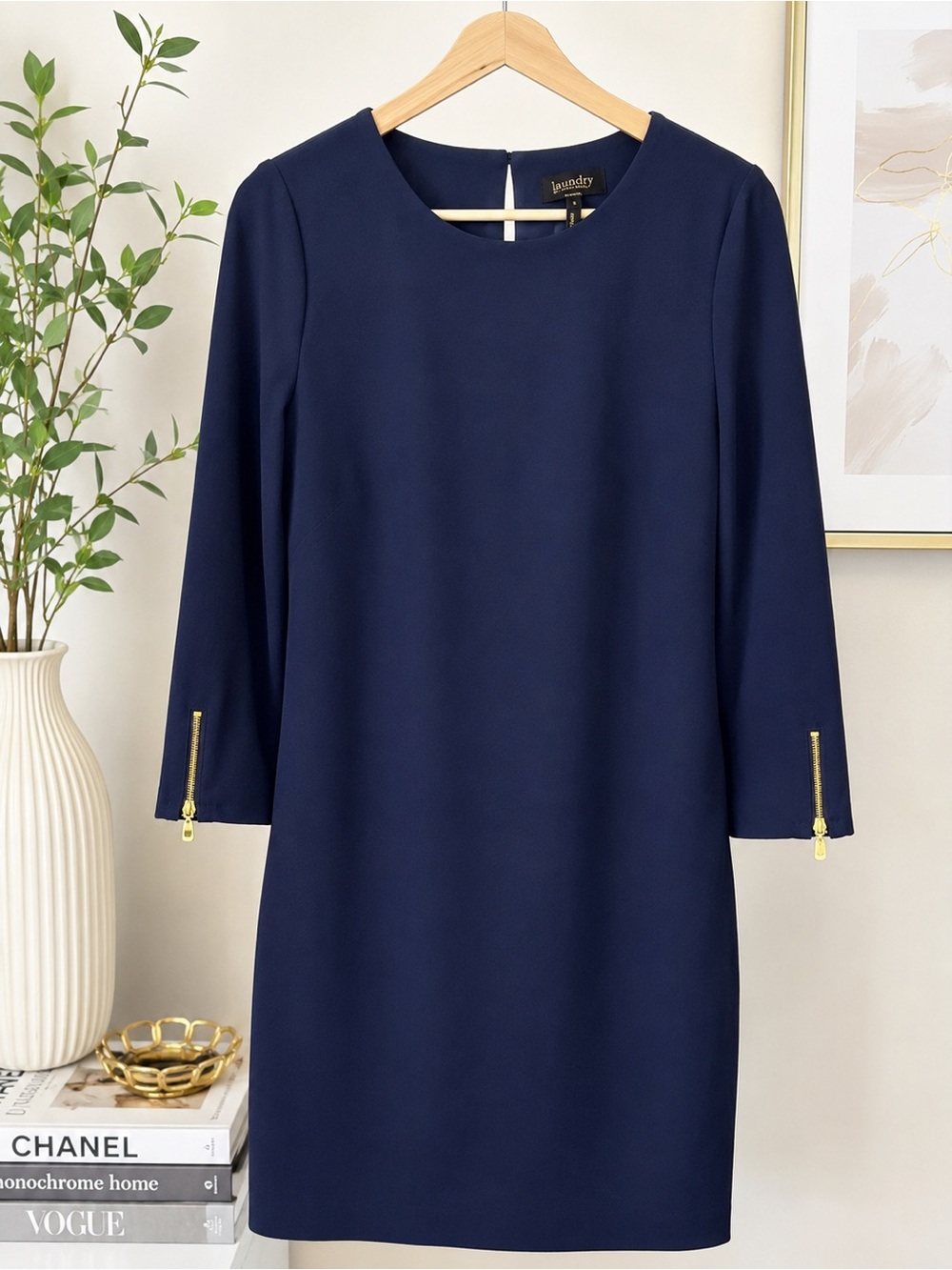 Laundry by Shelli Segal Navy Sheath Dress with Gold Zipper Detail Size 8
